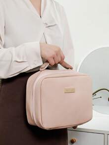 SHEIN Organisateur de maquillage de voyage élégant - Sac en PU spacieux avec porte-pinceaux amovible, compartiments transparents et fermeture éclair sécurisée