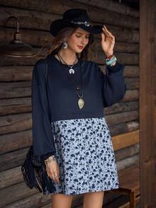 Vestido de sudadera casual de cuello redondo 2 en 1 con estampado de patchwork suelto para mujer de LanaWest