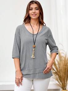 EMERY ROSE Plus Size Vacation Spring Summer Check Asymmetrical Side Flare Casual Daily Casual Shirts - Multicolor - View 1