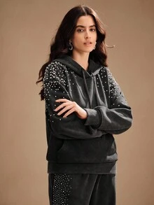 Anewsta Women's Charcoal Gray Oversized Rhinestone Decor Hooded Sweatshirt,Long Sleeve Drawstring Hoodie For Autumn,Casual Night Out,Urban Commute,Winter - Black - View 4