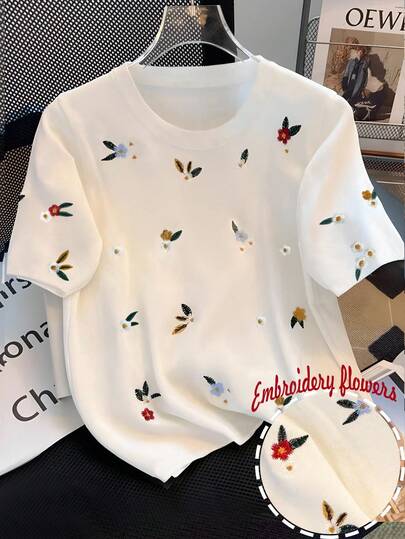 INAWLY Camiseta de mujer con cuello redondo y bordado floral, talla grande, para verano