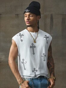 AXEPEAK Tank Top Tanpa Lengan Pria Kasual Musim Panas Warna Hitam dengan Hem Bertekstur dan Hiasan Rhinestone - Putih - View 4