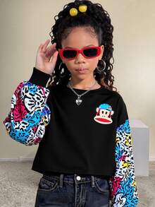 Paul Frank X SHEIN Tween Girl Fall Winter,Cute Preppy ,Comfortable Warm/ Cold Weather/ Thermal ,Athleisure,Cartoon Patter Round Neck Crop Sweatshirt,Christmas - Black - View 3