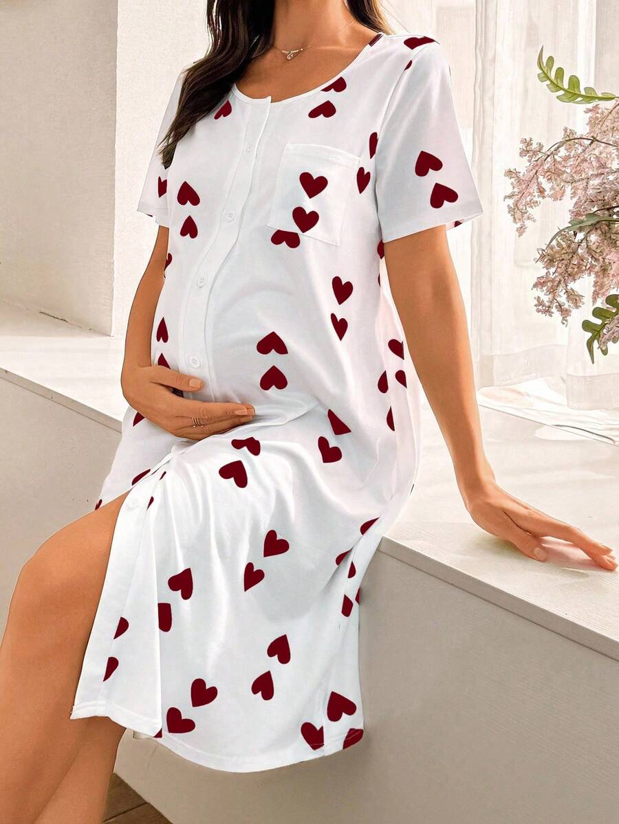 Moonlight&Mama Heart Print Maternity Loungewear Nightgown - Red - View 1