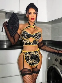 Fantasy Costume 2件套性感露背印花女士内衣套装 - 彩色 - 查看 1