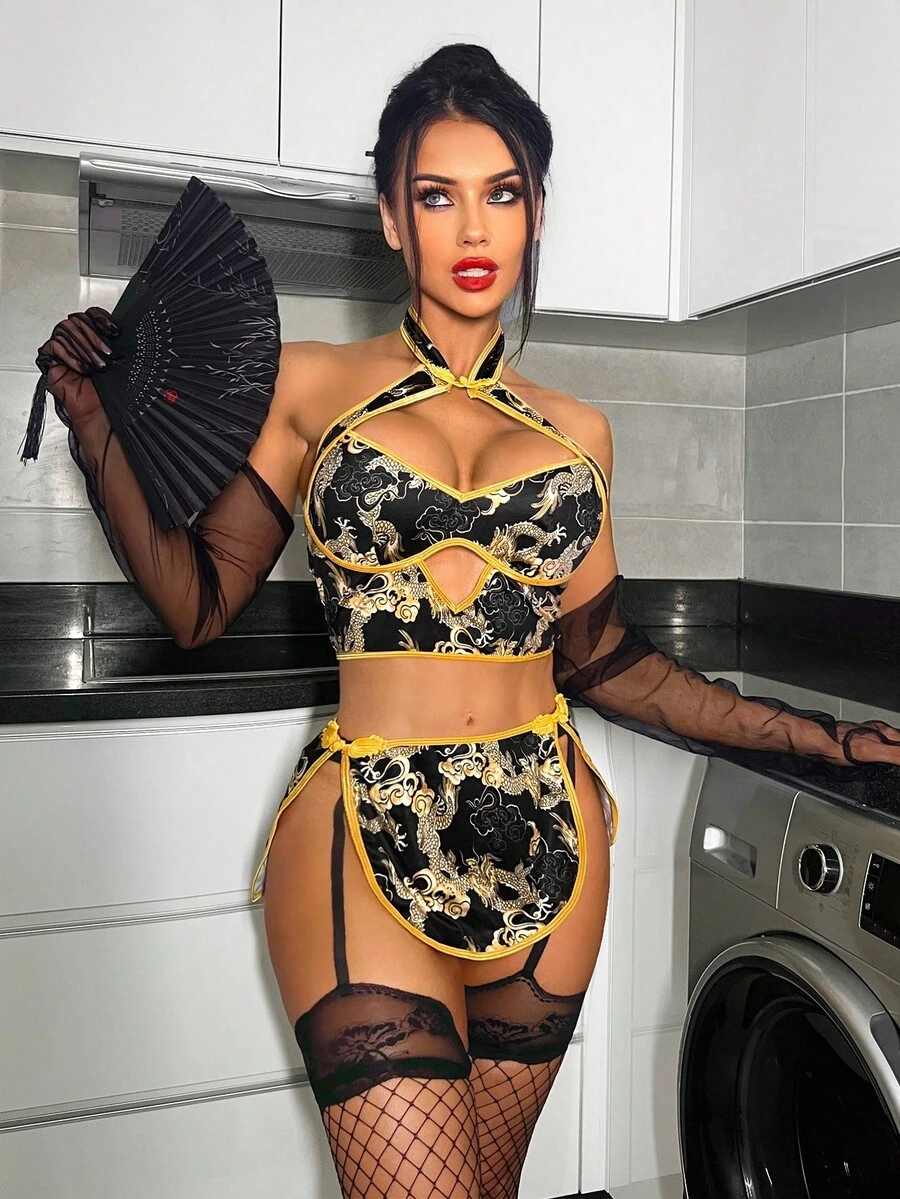 Fantasy Costume 2件套性感露背印花女士内衣套装 - 彩色 - 查看 1