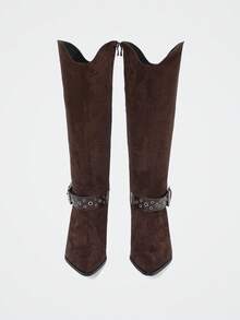 Maija 女式尖头粗跟绒面牛仔靴，修身及膝靴 - 咖啡棕 - 查看 5