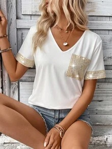 SHEIN LUNE 女款閃亮拼接短袖t恤 - 白色 - 查看 5