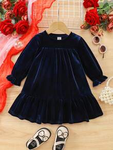 Babygirl 优雅天鹅绒蓝色长袖宽松连衣裙 - 藍色 - 查看 2