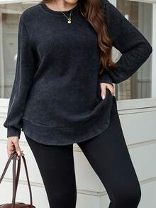 SHEIN LUNE Sudadera casual lavada de talla grande, otoño e invierno para mujer, apta para uso diario, ir a trabajar y uso casual, esencial para uso diario, trayecto y actividades al aire libre, top sencillo de mujer, unicolor - Negro - Ver 3