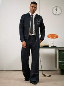 RivetRise 2pcs Men Letter Embroidered Denim Jacket And Flared Leg Jeans Clothes Set, Fall - Dark Wash - View 1