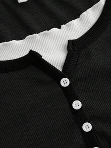 Girlism 少女黑色罗纹针织长袖立领撞色饰边纽扣设计紧身上衣 T 恤搭配黑色褶皱阔腿裤休闲街头时尚运动两件套 - 黑色 - 查看 6