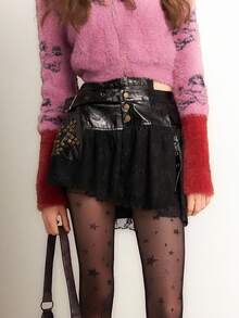 Bloopia Punk Rock Chic Streetwear Sexy Fashion Thu/Đông Nữ Halloween Star Element Design Rivet PU Contrast Lace Asymmetrical A-Line Hem Skirt - màu đen - Xem 4