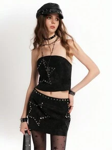 Bloopia Punk Rock Chic Sexy Fashion Thu/Đông Nữ Thiết kế họa tiết ngôi sao Halloween đinh tán chắp vá PU có khóa kéo Crop Top & Chân váy ngắn 2 món - màu đen - Xem 4