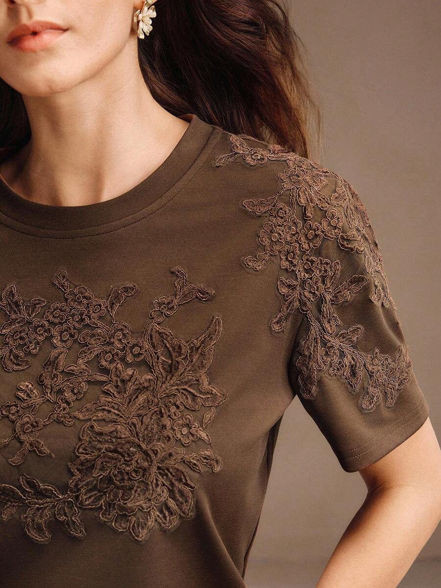 Anewsta Women's Elegant Modern Loose Round Neck T-Shirt Top With Embroidered Applique Design, Summer - Brown - View 1