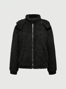 ROMWE Avant 女式纯色 3D 耳朵设计长袖前拉链连帽羊毛夹克，秋冬 - 黑色 - 查看 5