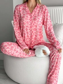 EURMUSE Women 2 Pcs Button Front With Animal Pattern Pocket Detail Long Sleeve Shirt&Pants Homewear Pajama Set Womens Pajama Set Pajama Pink Pink Pajamas Pink Animal Print Pajamas Animal Print Pajama Set - Pink - View 1