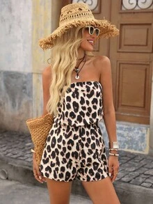 Brillora 女士度假豹纹吊带背心连体裤 - 卡其色 - 查看 3