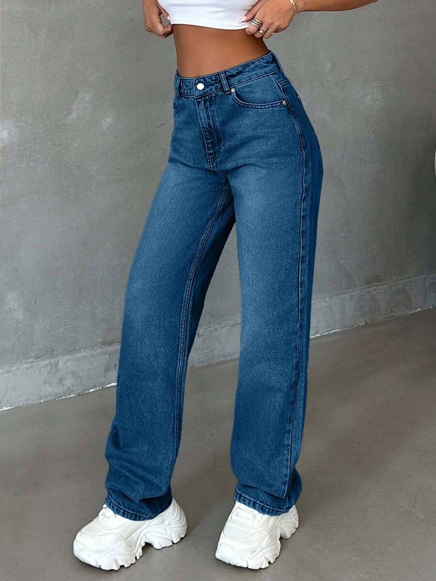 SHEIN Tall 高腰直筒浅蓝色高腰牛仔裤 - 中等水洗藍 - 查看 1