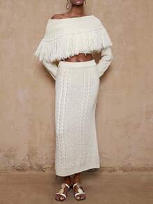 SHEIN Privé VITNOS 秋冬女士不对称肩部长袖流苏边饰毛衣和针织中长裙套装，优雅两件套波西米亚风，适合特殊场合、婚礼宾客、可爱穿搭、国庆假期派对、教师装、商务休闲、优雅派对、新年装、秋冬女士服装、奢华针织套装。 - 米色 - 查看 8