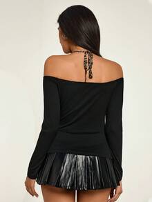 Rafferiza T-shirt à épaules dénudées avec imprimé léopard et patchwork pour femmes - Noir - Voir 2