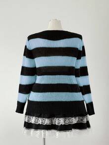 Sunspun Black & White Striped Pullover Sweater With Zipper Decor, Dark Style For Women - Blue - View 2
