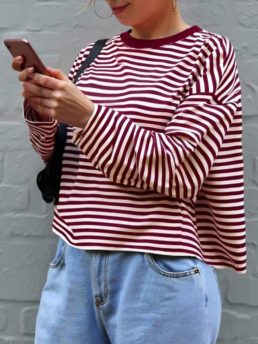 INAWLY Plus Size Women Striped Round Neck Drop Shoulder Long Sleeve Casual Loose T-Shirt