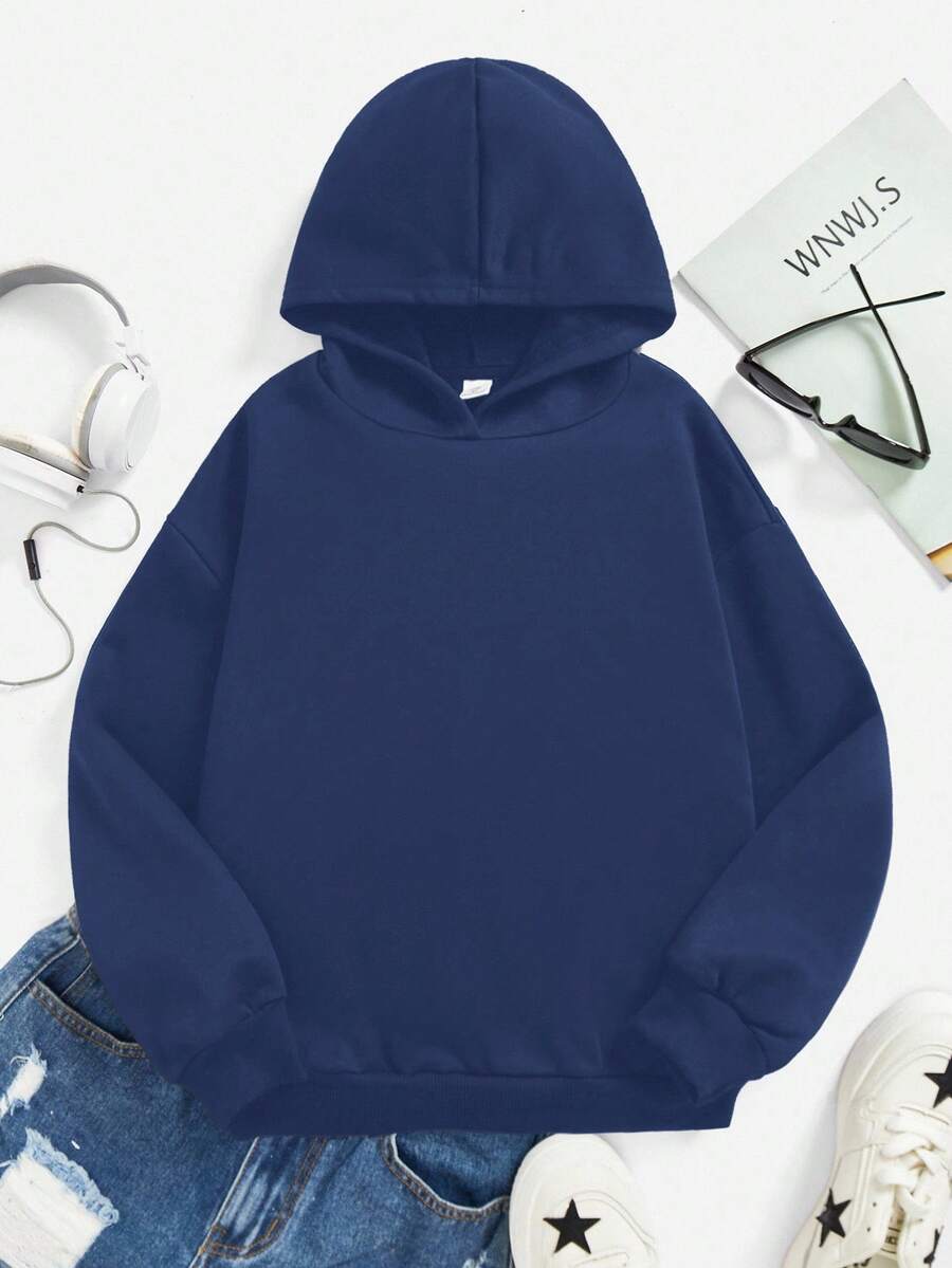 SHEIN Leap Crew 青蓝色,少女休闲简约长袖卫衣,宽松版型,厚实面料,适合秋冬季节,休闲、运动、聚会、上学等场合穿着。 - 藍色 - 查看 1