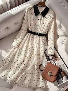GlowEve 女士波尔卡圆点印花腰部喇叭形 A 字领优雅日常通勤商务法式浪漫约会派对圣诞节假期灯笼袖长袖杏色连衣裙 - 彩色 - 查看 1