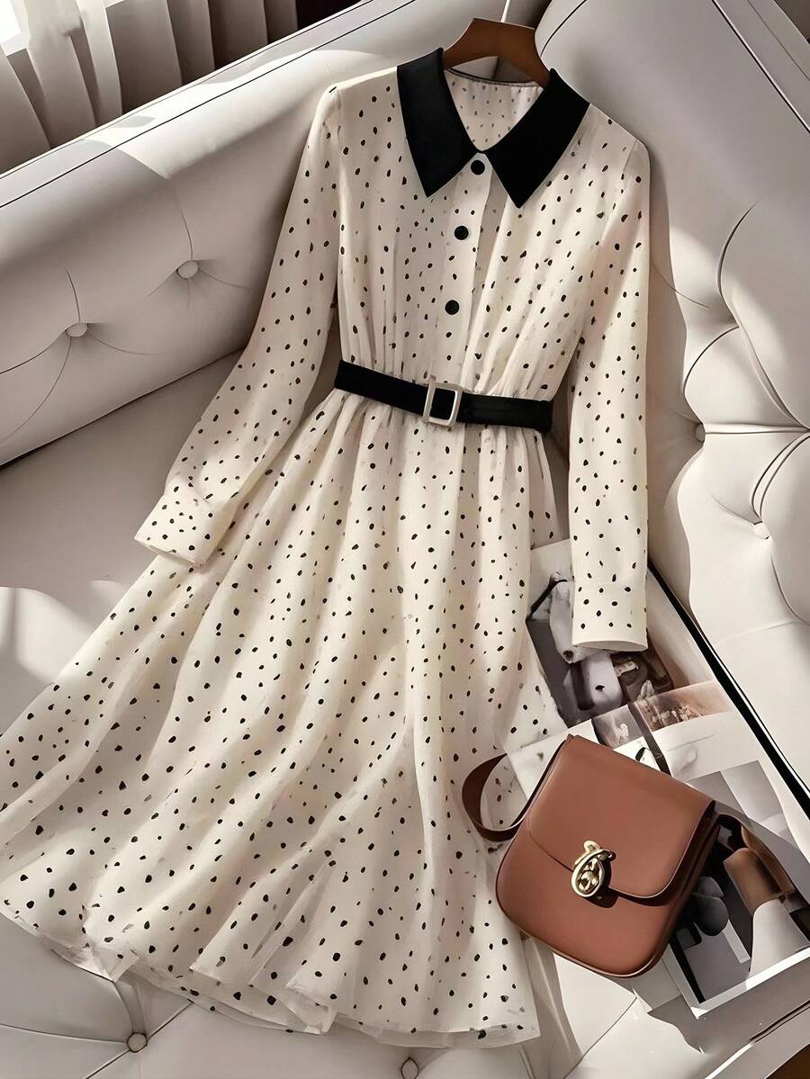 GlowEve 女士波尔卡圆点印花腰部喇叭形 A 字领优雅日常通勤商务法式浪漫约会派对圣诞节假期灯笼袖长袖杏色连衣裙 - 彩色 - 查看 1