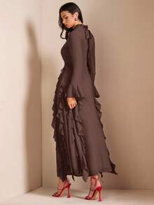 SHEIN BAE 女士优雅红色长袖高领荷叶边连衣裙，适合约会、晚宴等场合 - 棕色 - 查看 2