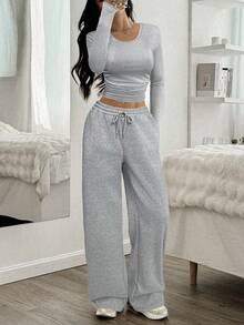 SHEIN EZwear 2pcs Women Solid Color Round Neck Long Sleeve T-Shirt And Pants Set - Grey - View 3