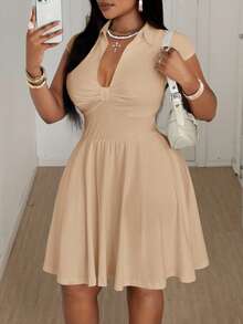 Maweii 大码 V 领褶饰腰部短袖连衣裙 - 杏色 - 查看 2