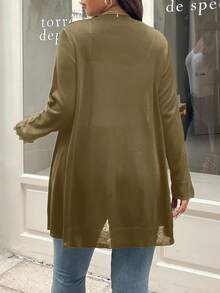 Vionelle 大码女式纯色长袖休闲开襟针织衫，秋季绿色开衫 - 橄欖綠 - 查看 2