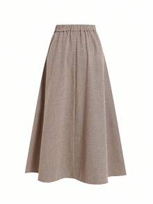 Ellevyn 女士 A 字棕色格子羊毛混纺半身裙，收腰设计，优雅日常通勤之选 - 卡其色 - 查看 4