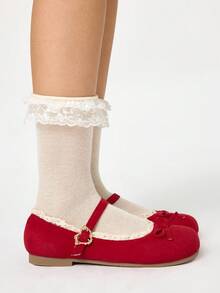 ROMWE Kawaii 女士棕色乐福鞋、包头玛丽珍鞋、蝴蝶结蕾丝洛丽塔平底鞋、芭蕾平底鞋 - 紅色 - 查看 4
