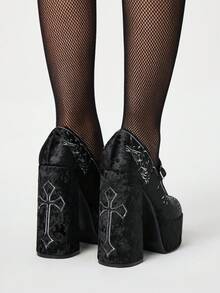 ROMWE Goth Women's Spring/Autumn New Strap Embroidered Pattern High Heel Platform Pumps For Christmas Y2K 2000s Style - Black - View 2