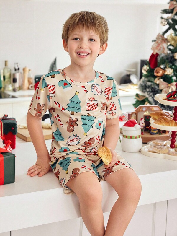 Toddler Boys Comfortable Cartoon Print Crew Neck Pajama Set, Family Party & Happy Family
