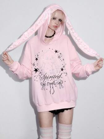 ROMWE Avant Sweat-shirt ample avec décoration de lapin mignon, nœud en dentelle et broderie de ponctuation, pour femmes et filles