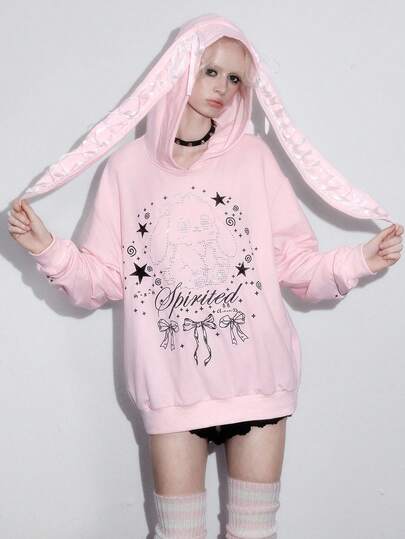 ROMWE Avant بلوزة فضفاضة مزينة بأذنين أرنب وفيونكة من الدانتيل والتطريز للنساء والفتيات