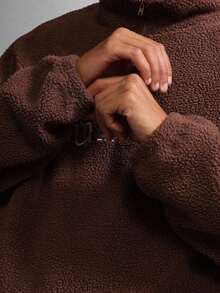 SUMWON 经典半拉链羊毛卫衣 Teddy Sherpa 冬季柔软舒适超大码卫衣立领棕色休闲家居服 - 棕色 - 查看 3