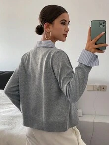 DAZY 女式撞色条纹拼布二合一休闲开衫 - 灰色 - 查看 6