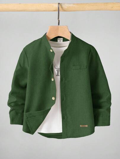 儿童男孩休闲立领纽扣衬衫，卡其色衬衫，基本款上衣，返校季，适合花园、海滩、生日