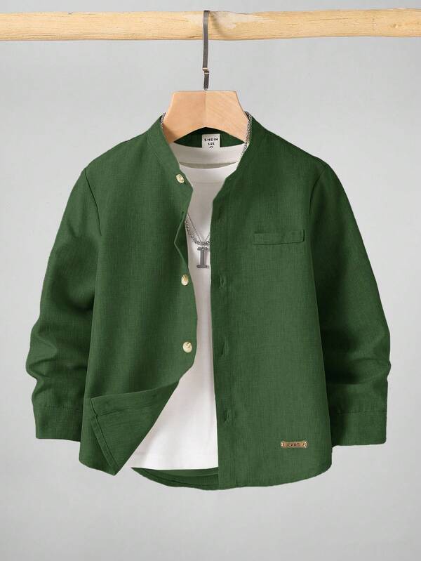 儿童男孩休闲立领纽扣衬衫，卡其色衬衫，基本款上衣，返校季，适合花园、海滩、生日