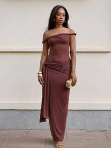 Yess Loren Women's Summer Sexy Solid Color Asymmetric Neckline Dress Drop Waist Dress - Rust Brown - View 1