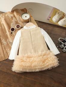 SHEIN Elladie kids 2pcs/Set Baby Girls' Autumn/Winter Back To School Outfit, 3 Months - 3 Years Old, Featuring: Khaki Dress With Multi-Layer Frill Tulle, And Ribbed High Neck Long Sleeve Sweater Top Fall - Khaki - View 2