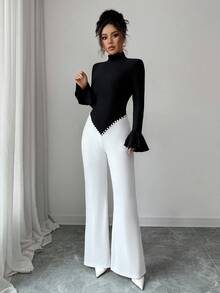 Elenzga Women's Elegant V-Neck Black & White Contrast Pearl Jumpsuit, Suitable For Autumn/Winter, Thanksgiving, Elegant Party, Christmas, New Year - Black and White - View 6
