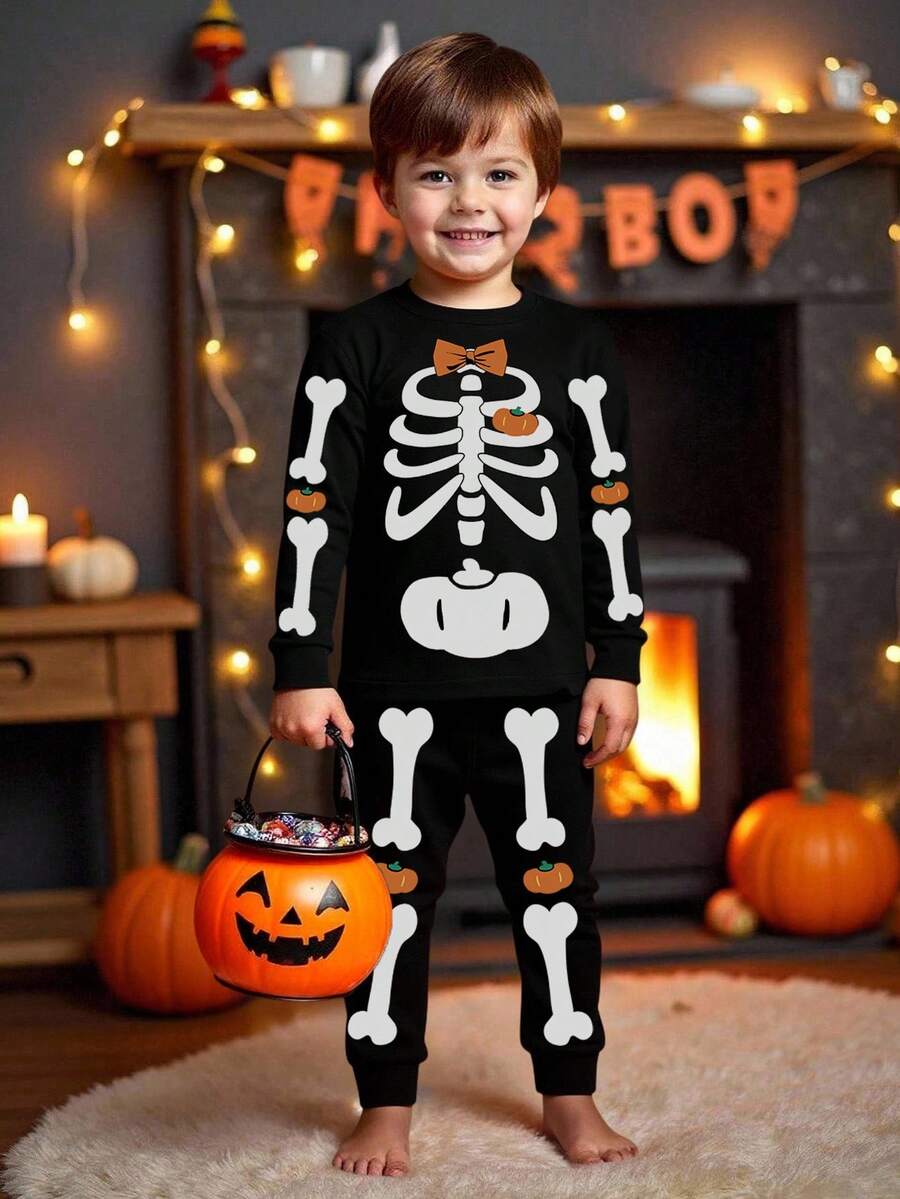 SHEIN Young Boy Casual Minimalist Halloween Spider Cute Cartoon Slim Fit Crew Neck Long Sleeve Pants Thermal Lined Thick Pajamas, Suitable For Autumn/Winter - Multicolor - View 1
