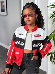 Tween Girls' Letter Print Color Block Stand Collar Loose Bomber Jacket