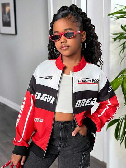 Tween Girls' Letter Print Color Block Stand Collar Loose Bomber Jacket